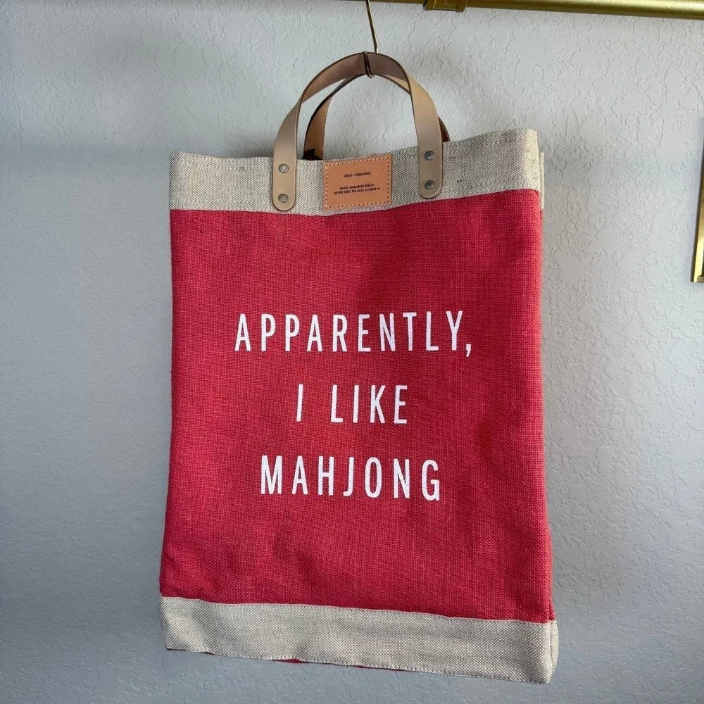Apolis Red Jute Market Bag Apparently I Like Mahjong Leather Handle Tote NWT